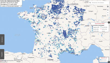 Internet est indispensable pour le déploiement de la numérisation de l'apprentissage. Carte des déploiements de la fibre. 